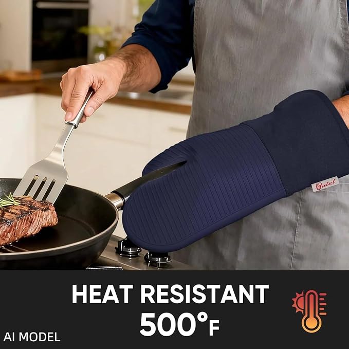 YUTAT Silicone Oven Mitts,High Heat Resistant Up to 500 Degrees,Waterproof Cooking Gloves with Soft Polyester Filling,Kitchen Potholder Set - Perfect for BBQ,Baking and Cooking,2 Pcs Set(Deep Blue)