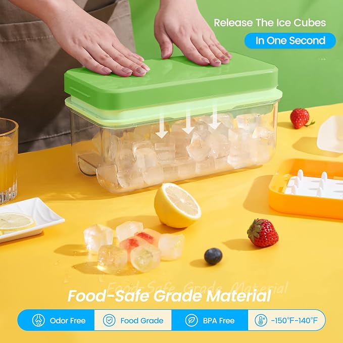 1" Ice Cube Tray with Lid and Bin, Easy Release 64 Cubes for Freezer | Food-grade BPA-free PP and ABS. 1" x 64pcs ice cubes for fruit whiskey, cocktails. Space-saving, stackable with scoop