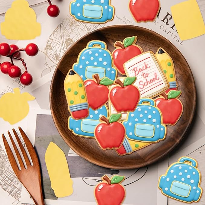 Back to School Cookie Cutters, 4 Pcs Stainless Steel Themed Shapes with School Bag Book Apple Pencil Cookie Cutter Sets Biscuit Molds Cake Cheese Fruit Cutter for DIY Home Classroom Baking Kit