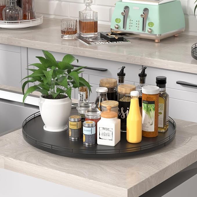 Oroyutor 21-Inch Extra Large Oak Lazy Susan with Black Metal Rail | Rotating oak tray organizes spices, toiletries and decor on kitchen counters, bathroom vanities, dining and coffee tables.