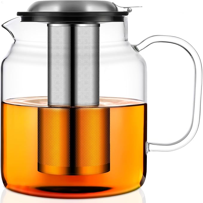 Aquach 68oz Glass Teapot with Infuser, Stovetop Safe Borosilicate Tea Pot | Dishwasher Safe, Plastic-free, Serves 3-5 People, Precise Loose Leaf Filter, Easy-clean