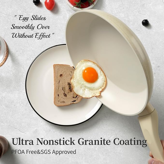 Innerwell Nonstick Ceramic Frying Pans Skillets Set with Lid 8"+9.5"+11" | No Toxic Egg Omelette Frying Pan, All Stove Compatible, Healthy Granite Induction Cooking Pan, PFOA & PFAS Free, Cream White
