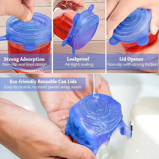 Patelai 16 Pack Silicone Jar Covers Same Size Silicone Jar Cap Stretch Lids Thicker Reusable Container Cover, Expandable Food Storage Covers Dishwasher and Freezer Safe 2.6-3.3 Inch(Blue)