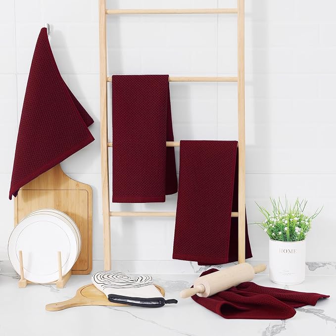 Homaxy 100% Cotton Waffle Weave Kitchen Dish Towels 12-Pack, Burgundy | 13 x 28 Inches, Ultra Soft Absorbent Dish Towels, Quick Drying Cleaning Towels