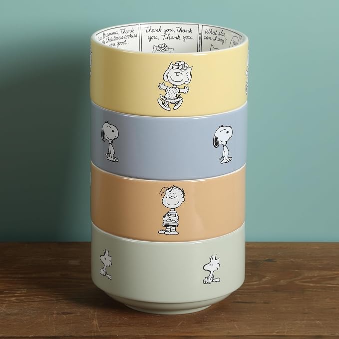 Peanuts Snoopy Bonbon Bites 4-Piece 5.5-Inch Decorated Stoneware Ceramic Stackable Bowl Set, Microwave & Dishwasher Safe Snack and Dessert Bowls