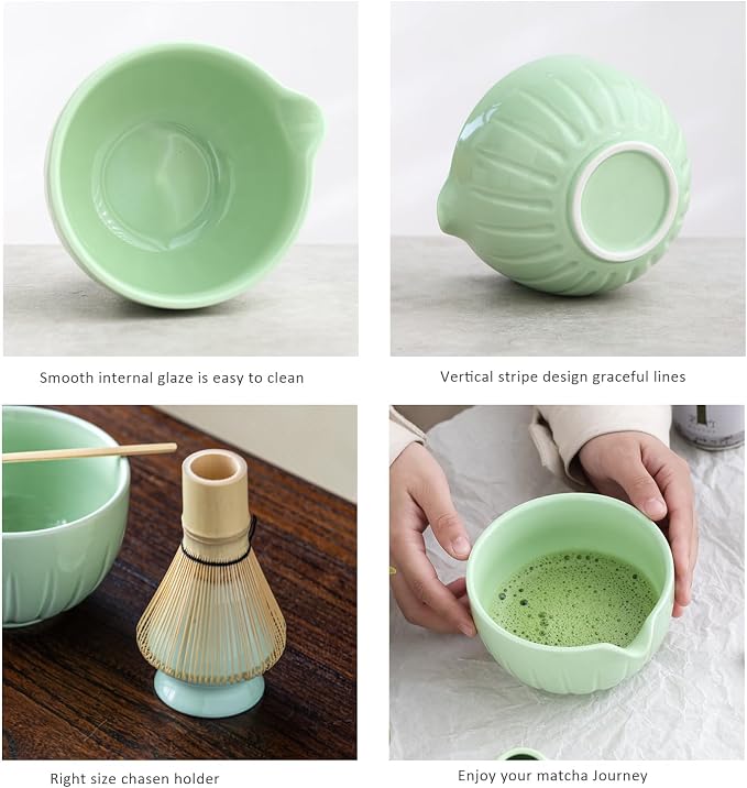 TANG PIN Matcha Set - Match Bowl and Whisk, 15 OZ Matcha Whisk Set | Matcha Scoop | Matcha Whisk Stand (Chasen Holder) - 5pc Perfect Matcha Kit for Matcha Tea Ceremony (Green)