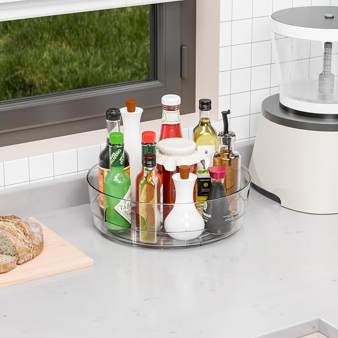 12" W Clear Acrylic Lazy Susan Turntable for Refrigerator,Cabinet - with Handle - 2 Pack Large Fridge Sauce Condiment Turn Table Organizer,Spinning Round Spice Rack Carousel for Pantry,Kitchen