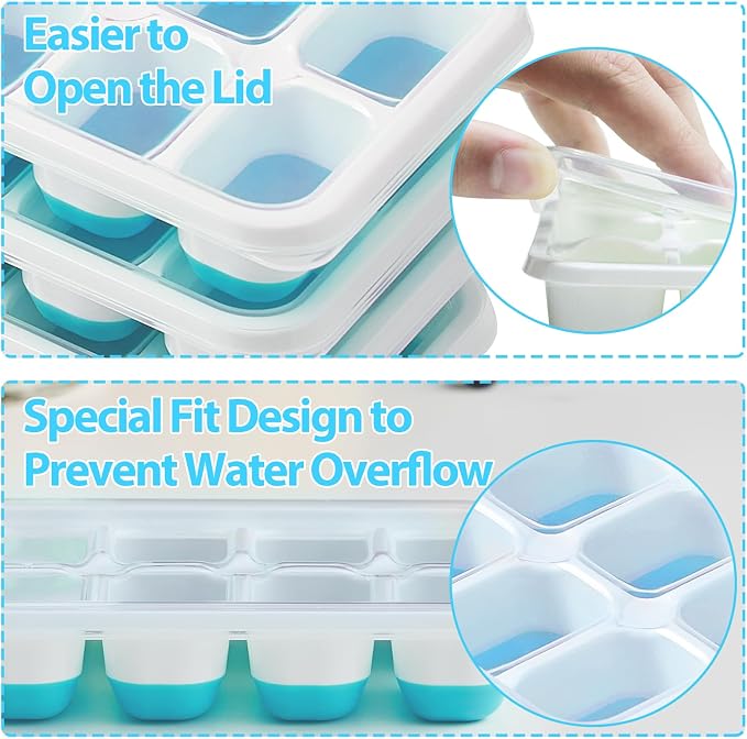 DOQAUS Ice Cube Tray with Lids, 4 Pack Silicone Ice Trays for Freezer | Stackable BPA & LFGB Safe, Easy Release for Kitchen, RV, Cocktail, Coffee, Soup & Food