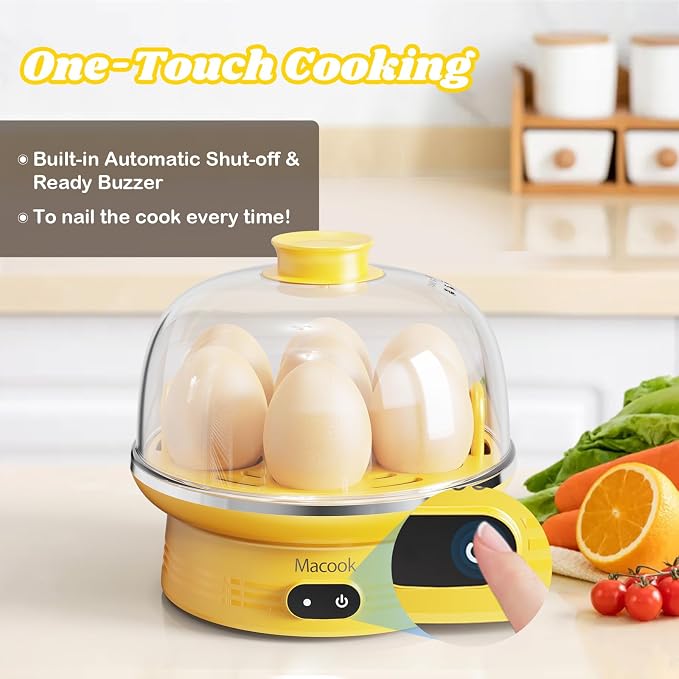 Macook Easter Rapid Egg Cooker with Touchscreen – 7-Egg Capacity, Soft/Medium/Hard-Boiled, Auto Shut-Off, BPA-Free & Dishwasher-Safe Parts, Measuring Cup Included (Yellow)