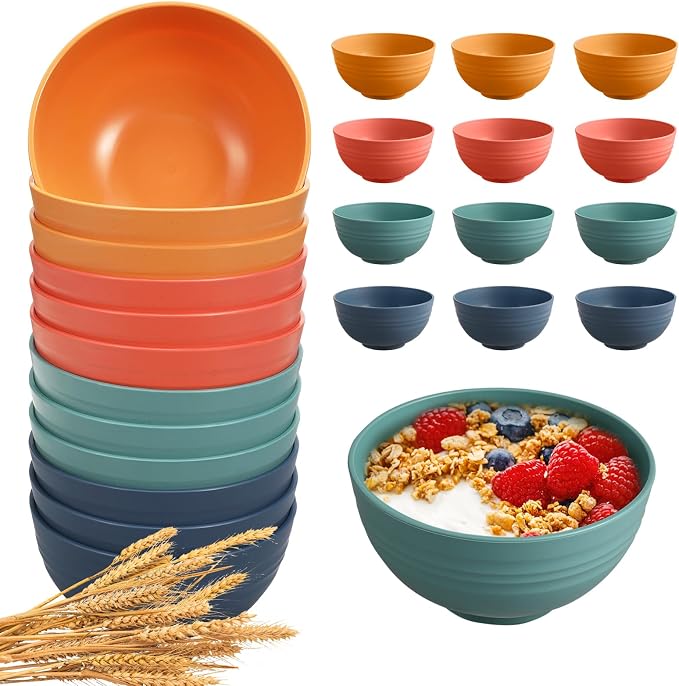HEYCOME 12 Pcs Unbreakable Cereal Bowls Set, 26 Oz Wheat Straw Bowls Set, Microwave & Dishwasher Safe Bowls for Kitchen, Reusable Plastic Bowls for Soup, Salad and Snack, BPA Free, Multicolor