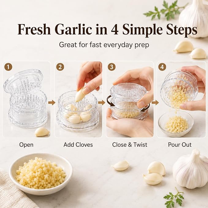 2PCS Transparent Manual Garlic Twist, Multi-Functional Mincer & Grinder for Garlic, Onion, Ginger, Herbs, Nuts