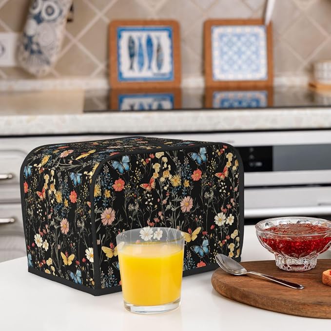 2 Slice Toaster Cover Wildflower Botanical Butterfly Flower Dust Proof Washable Kitchen Appliance Cover with Pocket, Oxford Fabric Countertop Toaster Protector for Standard Toasters Small Appliances