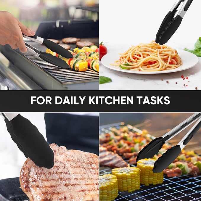 9-Inch Kitchen Tongs for Cooking with Silicone Tip,Black | 600℉ Heat-Resistant,Stainless Steel Locking Cooking Tongs Food Tongs for BBQ/Cooking/Salad/Serving Food,Heavy Duty,Non-Stick