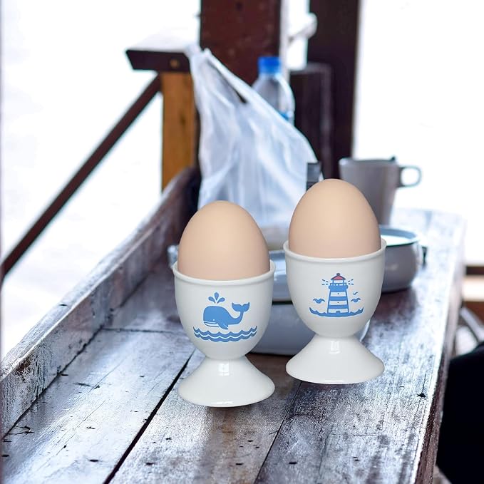 Cinf Ceramic Egg Cups, 2 Pack, Lighthouse Whale Holders for Boiled Eggs | 2 ceramic egg cups lighthouse whale pattern, stable and easy to clean, for boiled eggs and breakfast tables