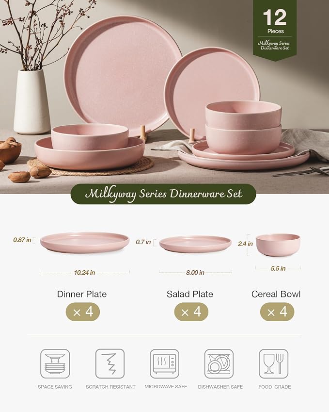 Famiware Milkyway 12-Piece Stoneware Dinnerware Set, Light Pink | Plates and Bowls for 4, Reactive Glaze Dish Set, Microwave & Dishwasher Safe, Chip & Scratch Resistant