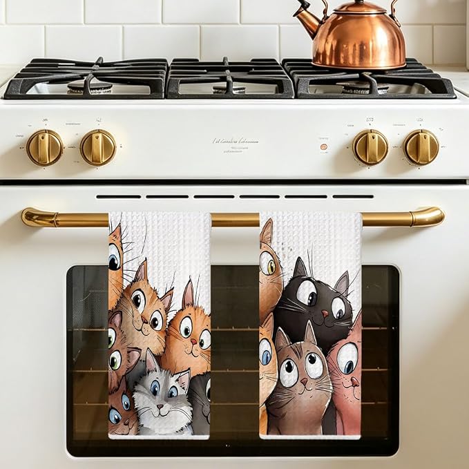 Jztco 2 Pcs Cute Cat Kitchen Towels, Cats Gifts Soft Absorbent Hand Towels | Cat Lover Gifts for Women Mom Dish Cloths for Drying Dishes, Waffle Dish Towels for Kitchen Home Bathroom Decor