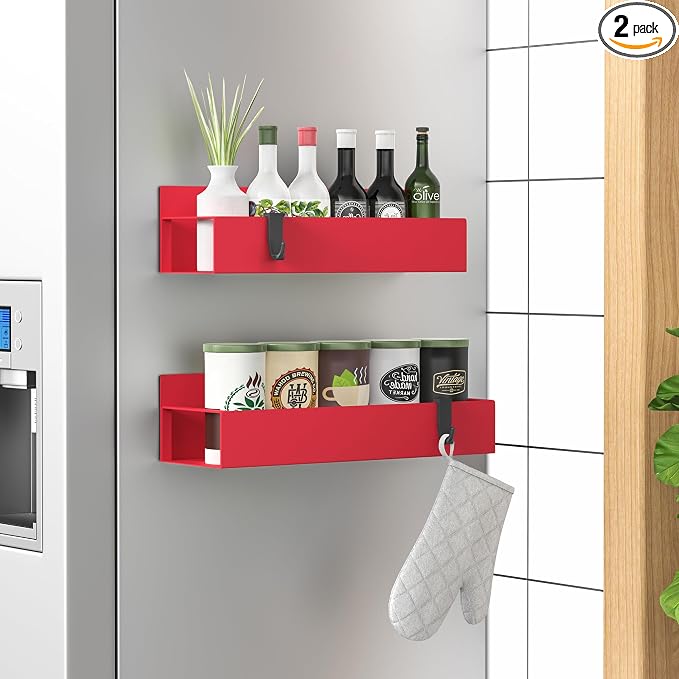 2 Pack Magnetic Spice Storage Rack Organizer for Refrigerator and Oven, Red Fridge Organizers and Storage | Magnetic Shelves Heavy Duty for Fridge in Kitchen, Seasoning Storage Organizer, For Oven Washer and Dryer, For Heavier Items