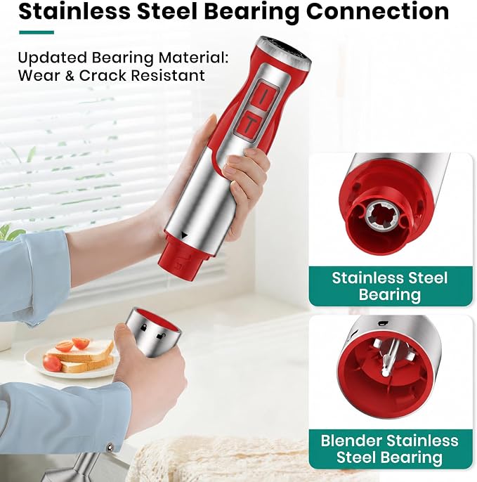 Colarlemo 1800W Immersion Blender Handheld 4-in-1 Hand Blender, Red | Stick Blender for Ice Crushing Smoothie, Baby Food, 8 Speed & Turbo Boost, Stainless Steel Blade with Whisk, Chopper, Beaker