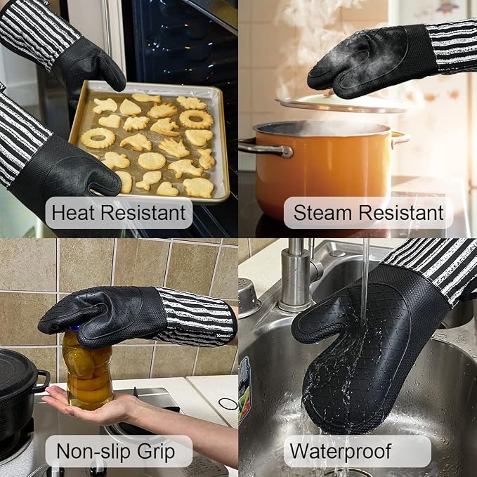 Alselo Silicone Oven Mitts Heat Resistant 932℉ with Waterproof & Non-Slip | Kitchen Mittens Set of 2,Extra Long 7.5"x15" Oven Gloves with Soft Cotton Terry Lining for Baking Cooking BBQ(Black,2)