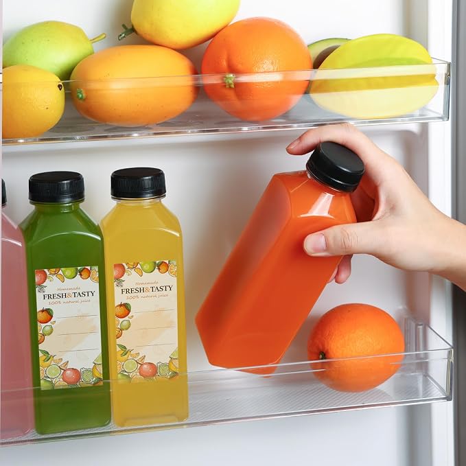 12pcs 12oz Plastic Juice Bottles with Caps, Sticker Labels, Brush | Reusable Clear Bottles with Lids and Labels, Funnel, Brush Beverage Containers for Juicing, Smoothies, Tea, Milk