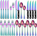 Rainbow 24 Pieces Stainless Steel Silverware Sets With Steak Knives Service For 4,Colorful Eating Utensils Set Includes Knife Spoon Fork For Kitchen Flatware Sets