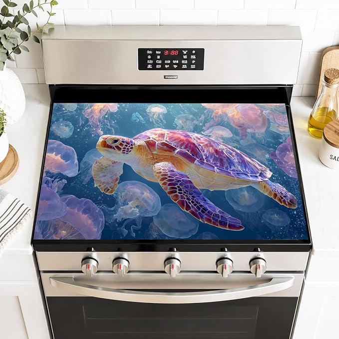 Sea Turtle Jellyfish Washer Dryer Cover Mat 28.35x20.47 in | Heat Resistant Cooktop Protector Mat with Non-Slip Backing, Scratch Protection and Countertop Drying Mat.