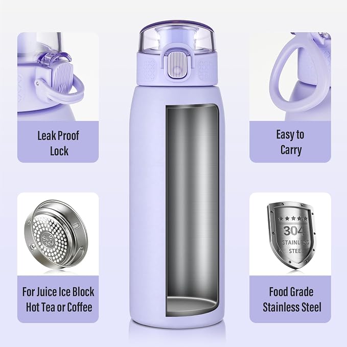 Insulated Water Bottle 18 oz with Dustproof Lid, Carry Handle & Tea Infuser, BPA-Free & Leakproof, Stainless Steel Water Bottles Ideal for Fitness, Hiking, Office & Outdoor Use （Light Purple ）