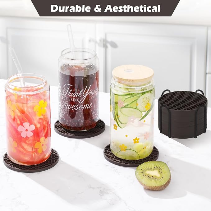 TWTLi Silicone Coasters Set of 12 with Holder — Non-Slip Drink Coasters for Coffee Table, Home Bar & Kitchen, Protects Wood & Marble Surfaces from Water Rings, Dishwasher Safe (Coffee)