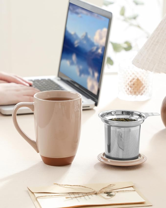 MALACASA Ceramic Tea Mug with Lid and Stainless Steel Infuser, 18 oz Large Tea Cup for Loose Leaf Tea, Heat-Resistant, Microwave & Dishwasher Safe, Speckled Glaze Coffee & Tea Brewer Mug, Khaki Pink