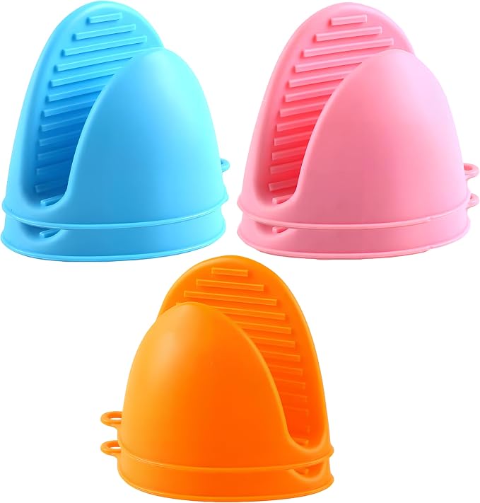 3 Pairs (Blue, Pink, Orange), Mini Silicone Oven Gloves, Mini Finger Protector Pot Holder for Kitchen,Cooking,Baking,BBQHeat Resistant Gloves，can be Washed in the Dishwasher