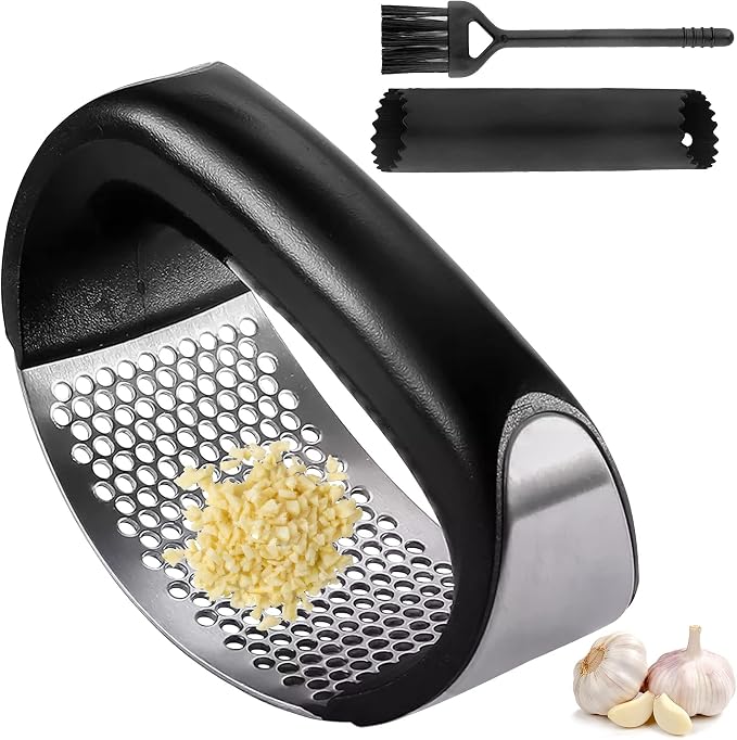 Garlic Press - Dishwasher Steel Safe Garlic Mincer Crusher with Peeler, Brush