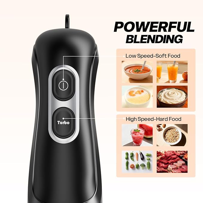 Turelar Immersion Blender Corded 400W, 2 Speed, Emulsifier, Blend, BPA-Free | Hand Blender Stick Mixer, Ergonomic Handle, Stainless Steel Blades, Effortless Blending for Soup, Smoothies, Puree, Baby Food