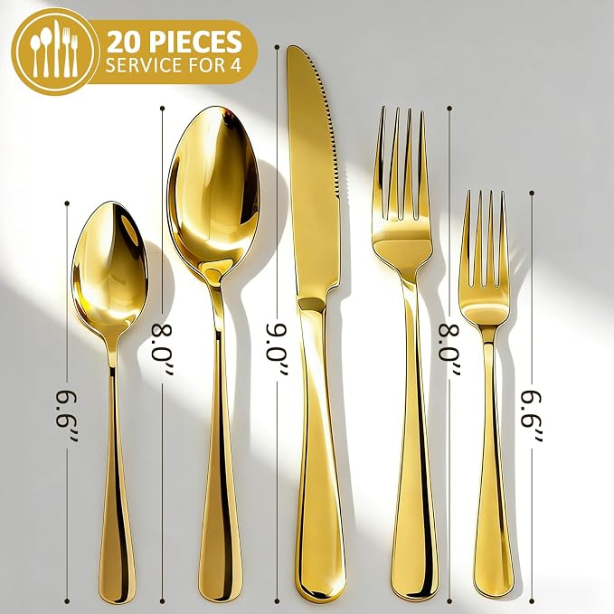 20 Piece Silverware Set, Kitchen Utensils Set for Restaurant & Home, Stainless Steel Cutlery Set, Flatware Set include Forks, Knives, Spoons, Household Essentials for New Home, Gold