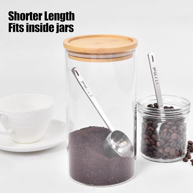 Doosu Metal 4.3in Long Handle Coffee Scoop for Ground Coffee (1 & 2 Tbsp) | Food-Grade 18/8 Stainless Steel Measuring Spoon, Tablespoon Scooper for Coffee Beans, Espresso, Protein Powders, Tea, Sugar