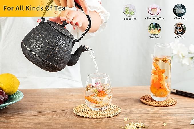 TOPTIER Japanese Cast Iron Tea Kettle with Infuser, Leaf Design Teapot Stovetop Safe Coated with Enameled Interior for 32 Ounce (950 ml), Dark Green