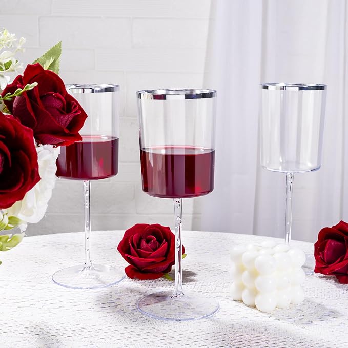 Ciaell 12 Pack Silver Plastic Wine Glasses for Weddings Outdoor Gatherings | 14 oz Silver Square Stemmed Cups, Heavy Duty Plastic, Wine Champagne Cocktails Mimosas for Parties Dinners