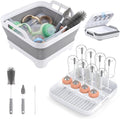 Yecuip Collapsible Baby Bottle Wash Basin w/Drying Rack & Drain Plug, Gray | 2.4 Gallon Foldable Dish Tub w/Handles,Portable RV Camping Sink & Space-Saving Wash Bin with Lid for Kitchen,Travel & Outdoor