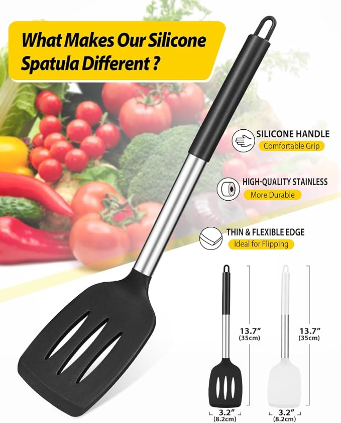 Pack of 2 Silicone Solid Turner, Non Stick Slotted Kitchen Spatulas, High Heat Resistant BPA Free Cooking Utensils, Ideal Cookware for Fish, Eggs, Pancakes(Black-White)