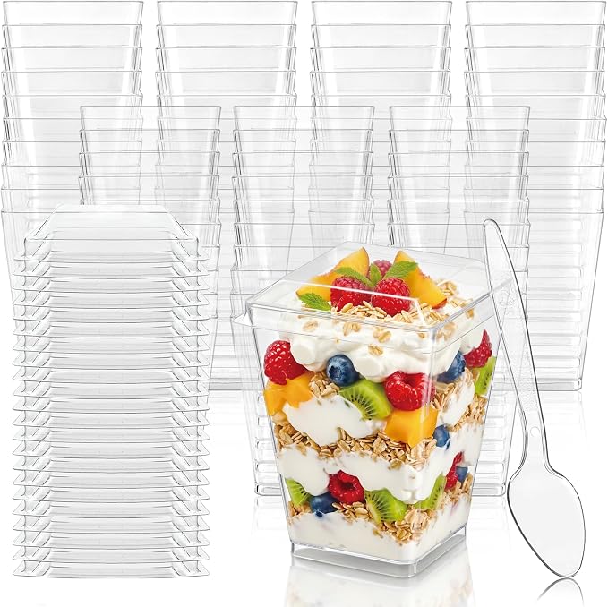 Hiasobre 5 oz Plastic Dessert Cups with Lids and Spoons, 100 Pack | Clear Reusable Square Mini Parfait Appetizer Cups, Shooter Serving Cups, Party Dessert Shot Glasses for Tasting