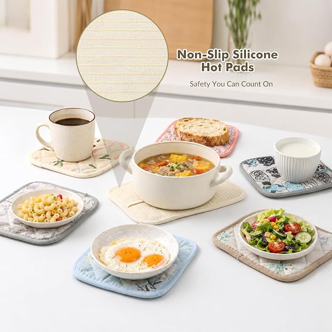 LEEPENK10Piece Pot Holders for Kitchen Heat Resistant,4 Beige Pot Holder with Non-Slip & 4 Japanese Pattern Potholders,Plus 2 Mini Oven Mitts,Hot Pads for Cooking Hot Dishes,Kitchen Aid Pot Holders