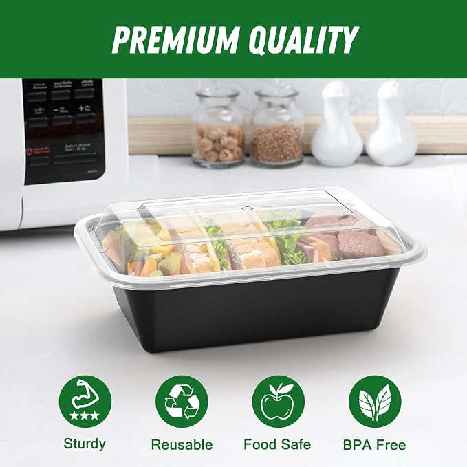Dealusy 50 Pack (100-Piece) 24 oz Meal Prep Containers Reusable with Lids | Sturdy Leakproof & Food Safe, Microwave, Freezer, Dishwasher Safe Prep Containers, To Go Take Out Plastic Food Storage