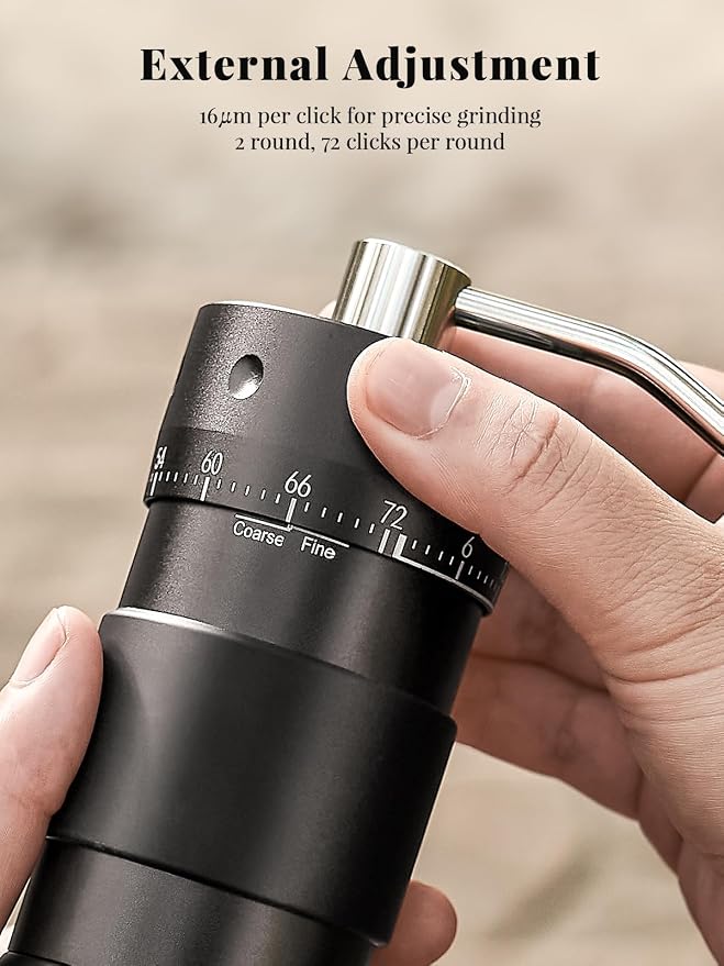 Manual Coffee Grinder with 16μm External Adjustment, Precision Espresso & Pour Over Grinder, CNC Stainless Steel Conical Burr, Drill-Compatible Aluminum Body, Portable Coffee Grinder, Black