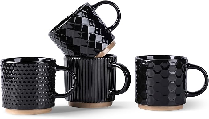 GBhome 6 OZ Stackable Coffee Mugs Set of 4, Ceramic Coffee Cups Set | 4 Assorted Designs, Embossed Mugs with Texture Patterns for Espresso/Tea, Dishwasher&Microwave Safe, Black