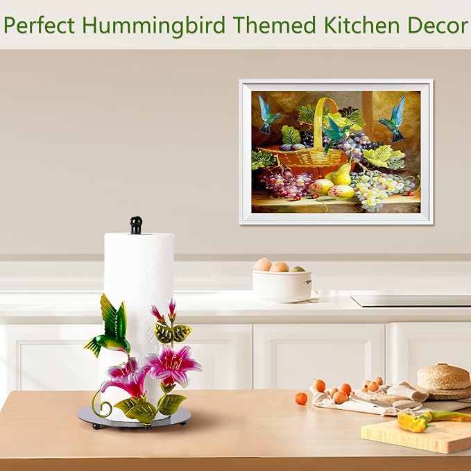 Flower & Hummingbird Paper Towel Holder Countertop for Kitchen | Decorative Farmhouse Kitchen Accessory, Hummingbird Housewarming Gifts for Women Mom bird lovers, Handmade with Weighted Base