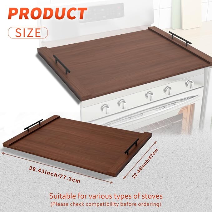 Walnut Noodle Board Stove Cover 30x22 Inch with Handles, Wood Stove Top Cover for Electric and Gas Stovetop, Wooden Kitchen Sink Cover, Decorative Serving Tray