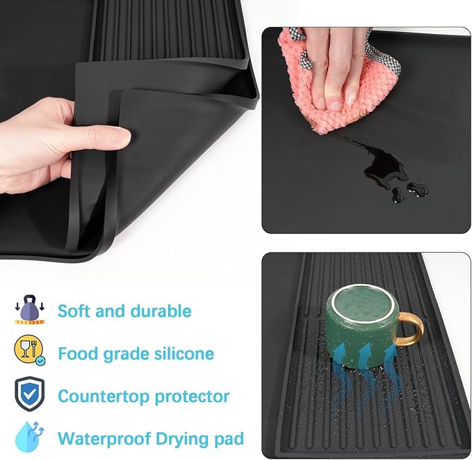 Golener Silicone Coffee Mat Set - 24" x 16" Coffee Bar Mat for Countertop, Kitchen Station Pad Accessories Fit Under Coffee Maker or Machine, Dish Drying Mat, Heat Resistant Kitchen Gadget, Black | Coffee Mat for Countertop, Waterproof Coffee Station M...