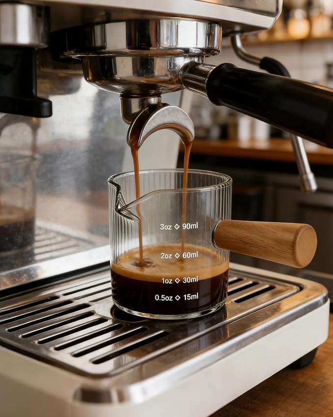 Espresso Measuring Cup 3 Oz, Espresso Glass Cups with Wood Handle, Milk Frothing Cup, Espresso Cup for Coffee, Milk, Tea or Maple Syrup Serving (Gray, 3 oz)