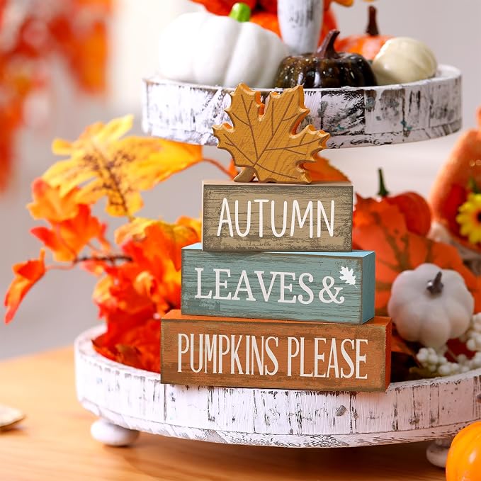Lineshading 4 Pcs Fall Decorations For Home Wooden Maple Leaf Thanksgiving | Rustic Fall Table Centerpiece with Maple Leaf, Stacked Leaves Pumpkins Signs, Seasonal Harvest Theme, Sunflower Accents