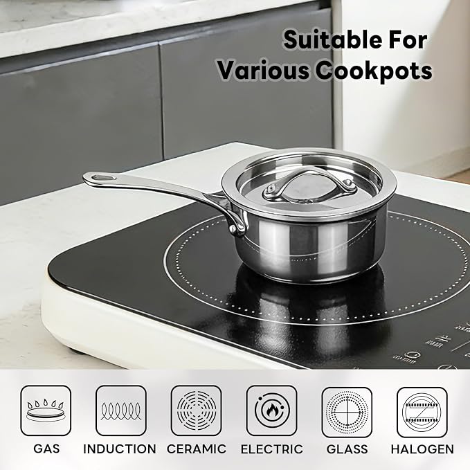 Macevia Mini Sauce Pan with Lid, Stainless Steel Butter Warmer Small Pot, For All Stoves Multipurpose Use for Home Kitchen or Restaurant (10.8oz/320ml) - Silver