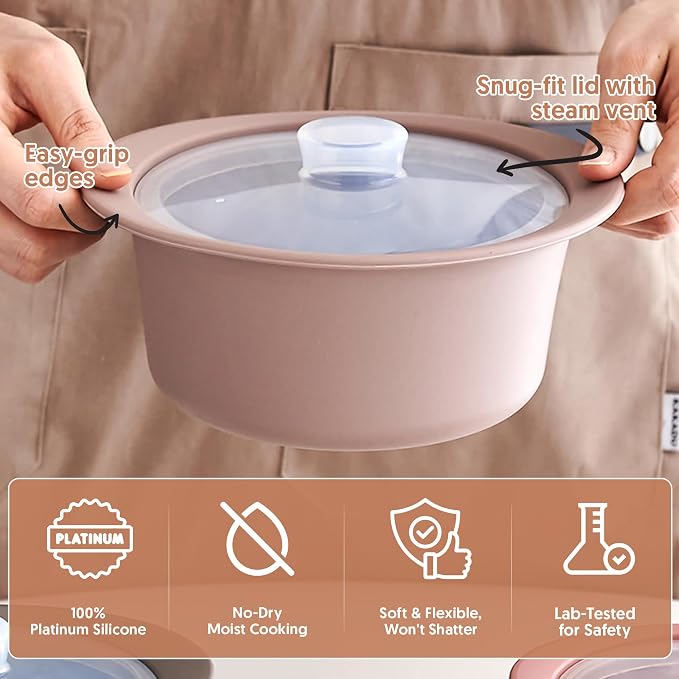 27oz Platinum Silicone Microwave Steamer Pot with Handle & Lid - Korean 100% Food-Grade Steamer Bowl, Heat-Resistant Cooker with Steam Holes, Easy Clean, Dishwasher Safe, Dry Rose